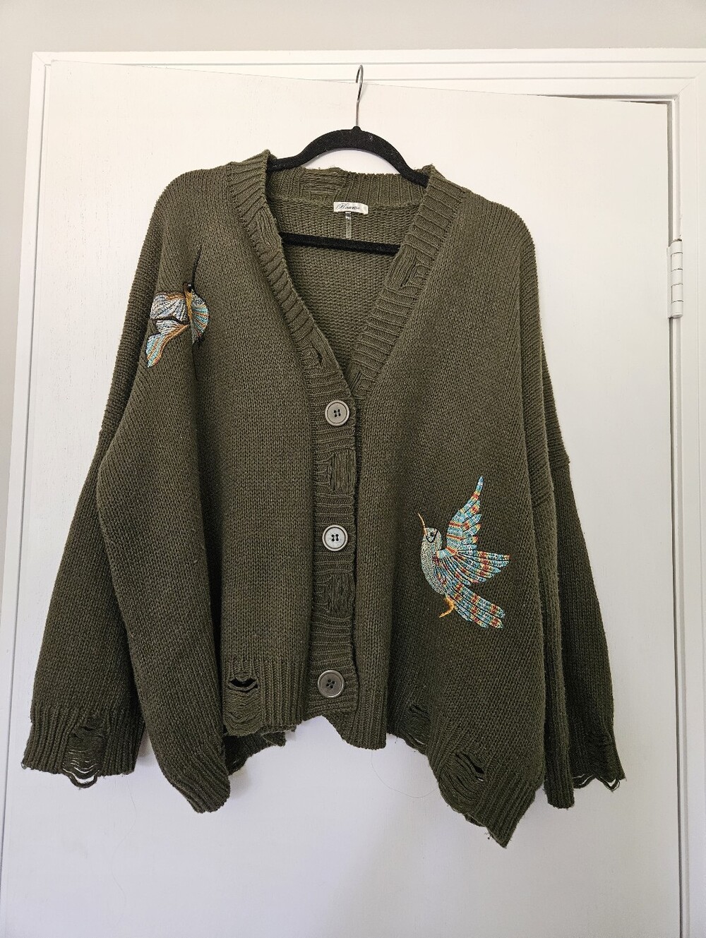 Rosette Olive Green Distressed Oversized Cardigan Embroidered birds One Si